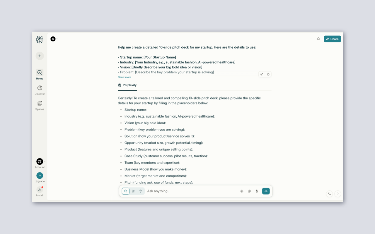 Prompt Example: Using Perplexity AI to Create a Pitch Deck